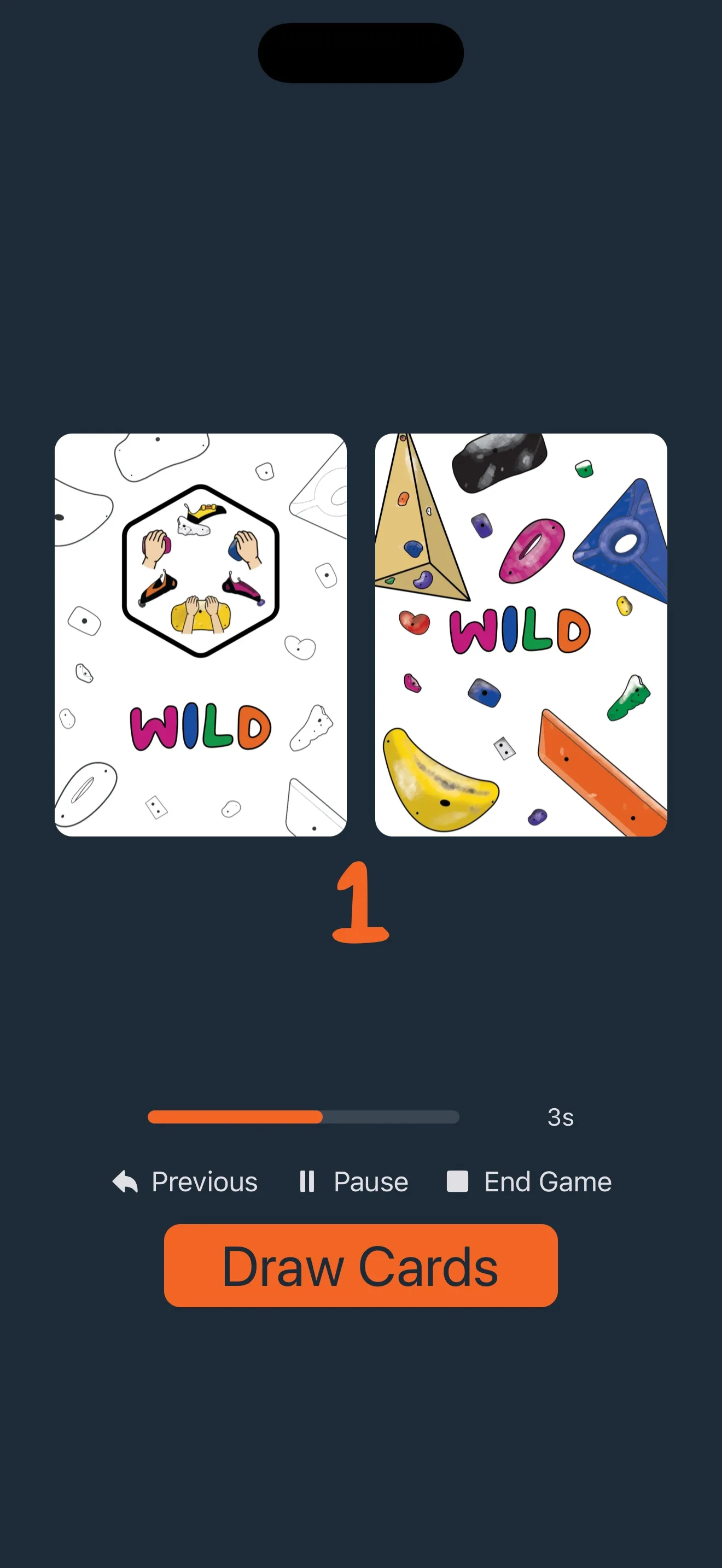 The app drawing cards on a timer, with a countdown bar showing 3 seconds left