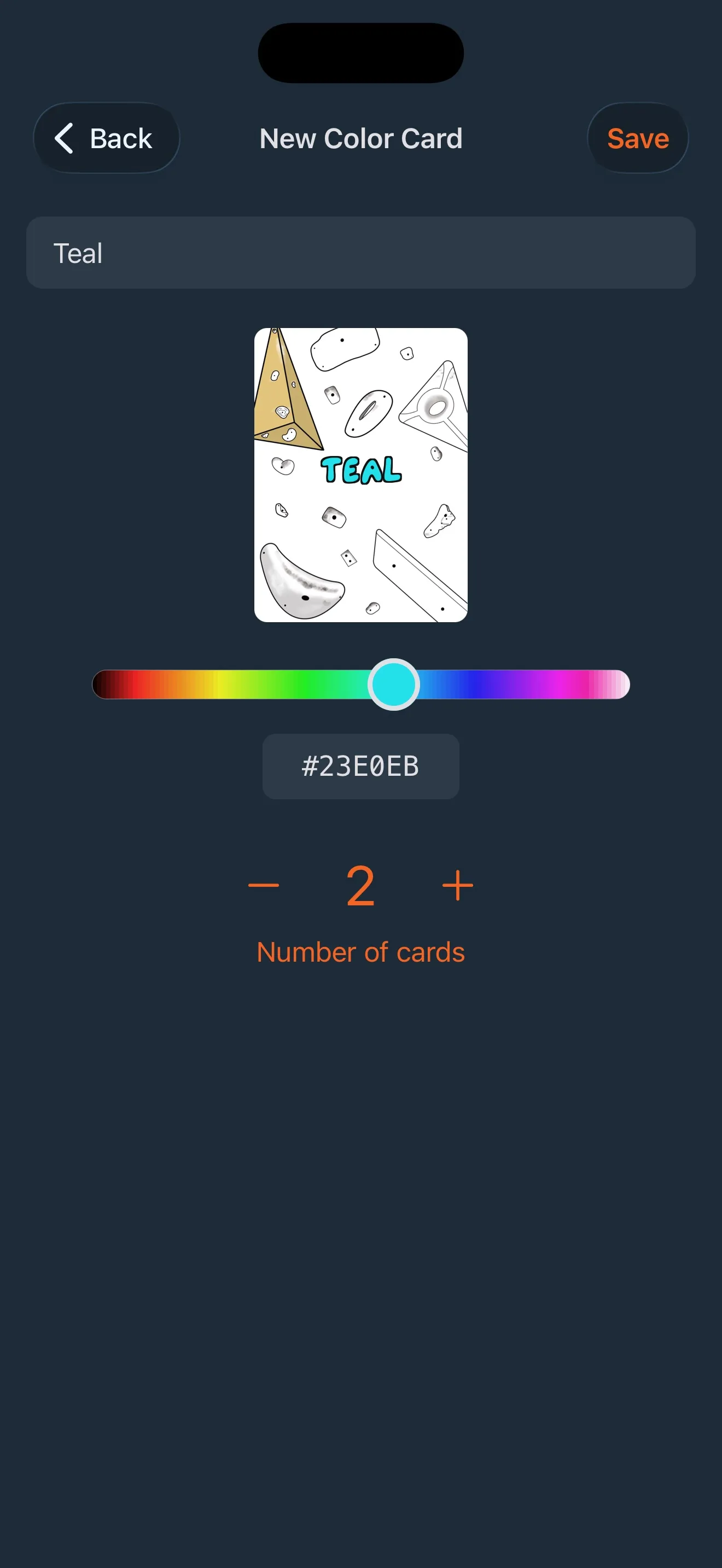 Making a custom color card called Teal, with a color slider and a card count