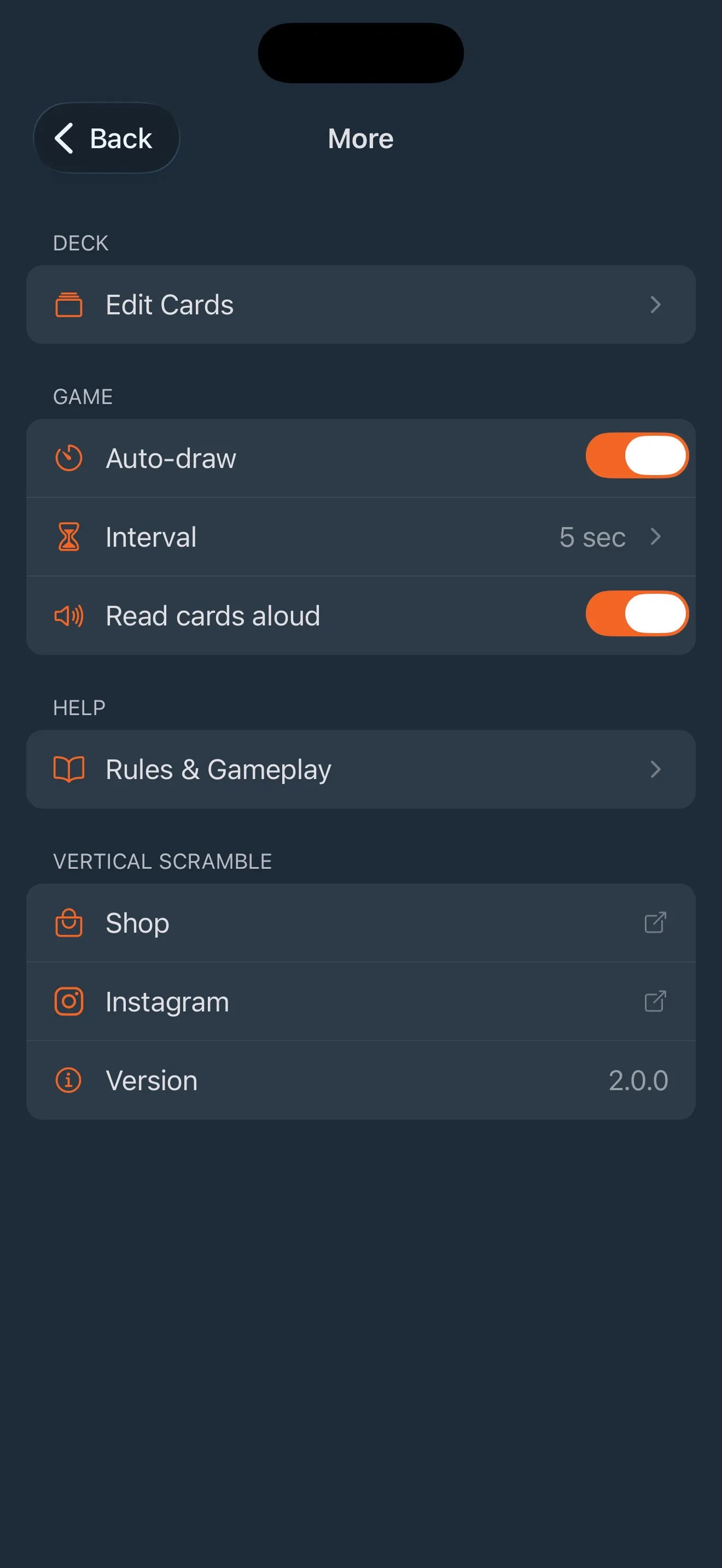 The app’s settings, with Auto-draw and Read cards aloud switched on