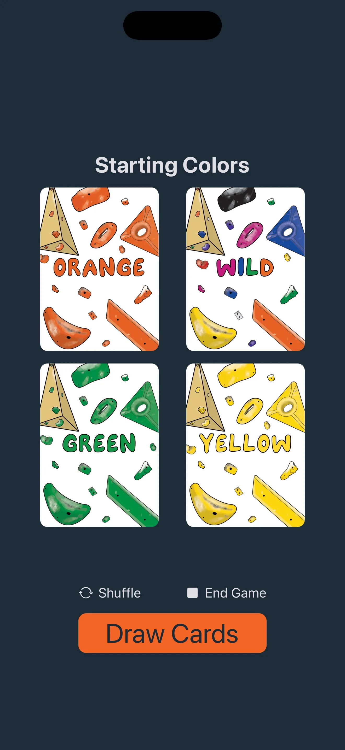 Four starting color cards on screen: orange, wild, green and yellow