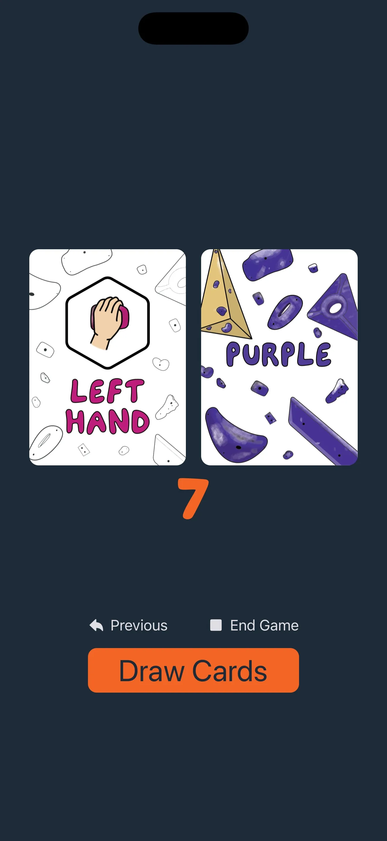 The app mid-game: Left Hand and Purple drawn, score 7, with a Draw Cards button